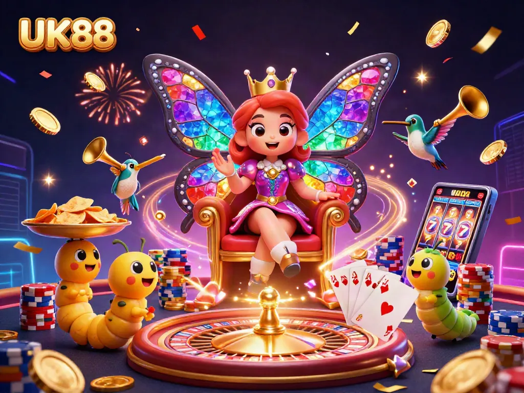 Witness UK88's grandeur with a 3D butterfly queen in a vibrant casino setting, celebrating winning moments.