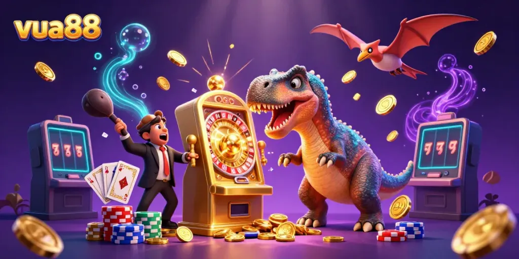 A creative illustration of vua88 showcasing a dinosaur-themed casino scene with vibrant colors, coins, and gaming elements.