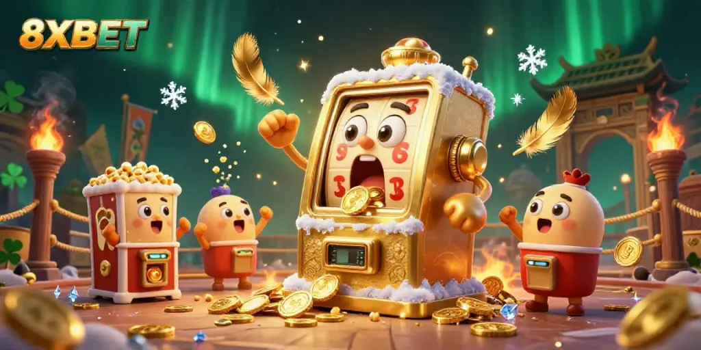 Win big with 8XBET at the online casino featuring slot machines and gold coins.