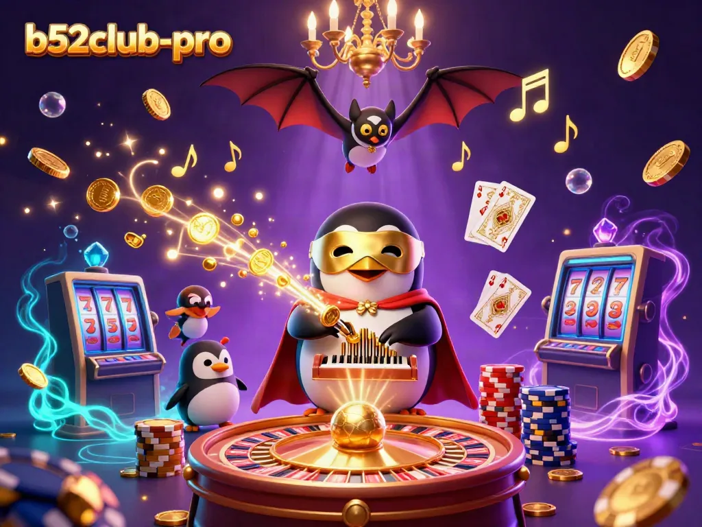 Play exciting games at b52club-pro with a dynamic scene featuring a gambling penguin and bat acrobat.