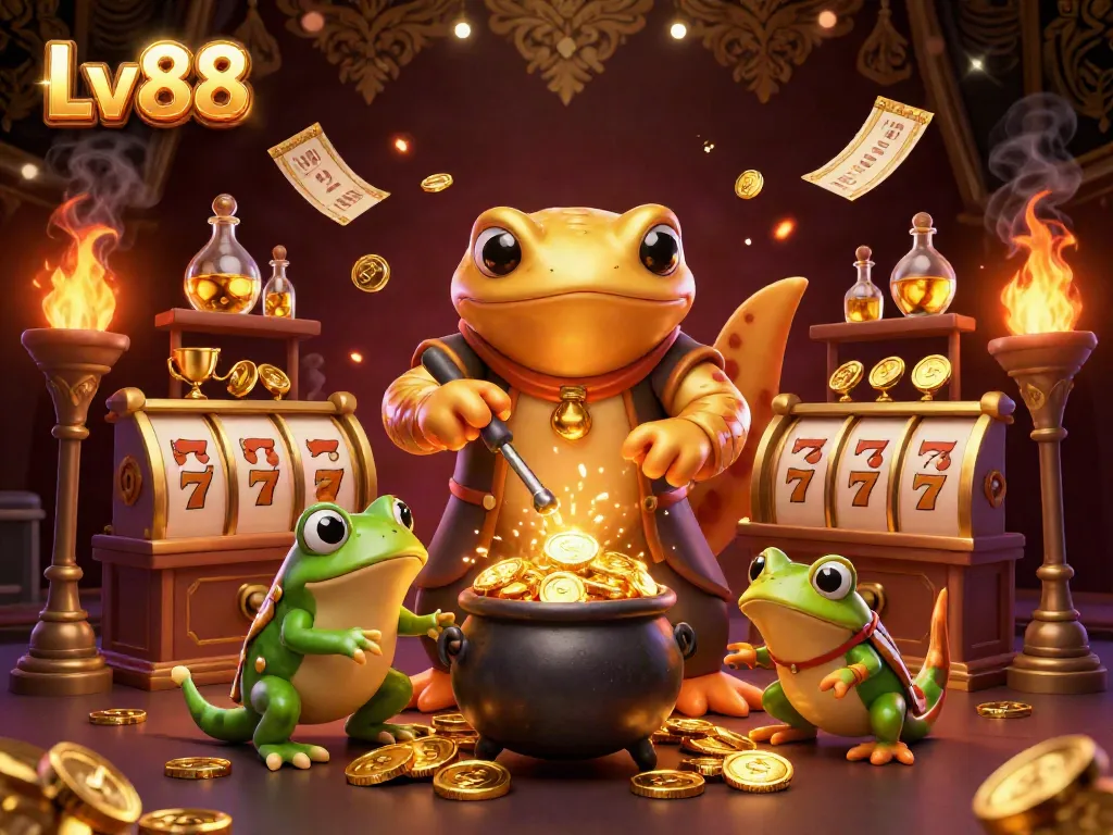 Experience the magic of Lv88 as a golden salamander alchemist transforms metals into gold coins in a vibrant casino scene.