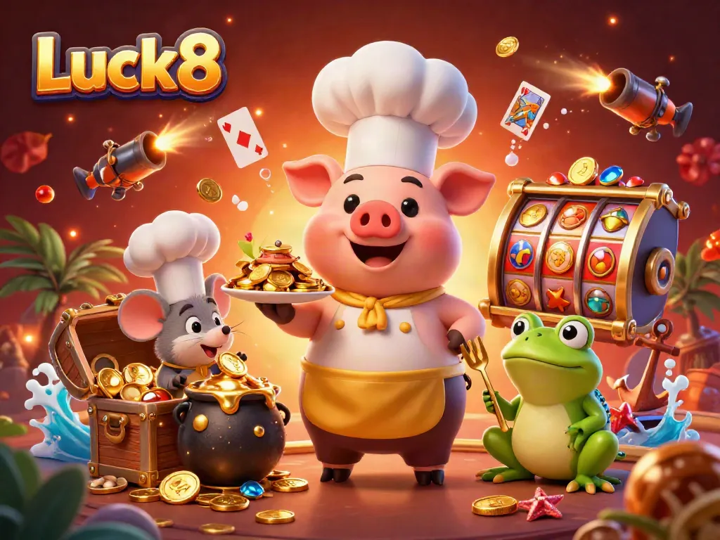 Experience thrilling gameplay at Luck8 with a dynamic scene of fantastical characters and treasures.