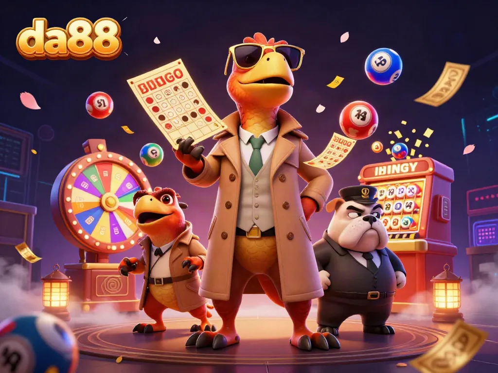 Experience an energetic VIP casino scene with da88, featuring raptors in a trench coat meeting a bouncer and dynamic lottery elements.