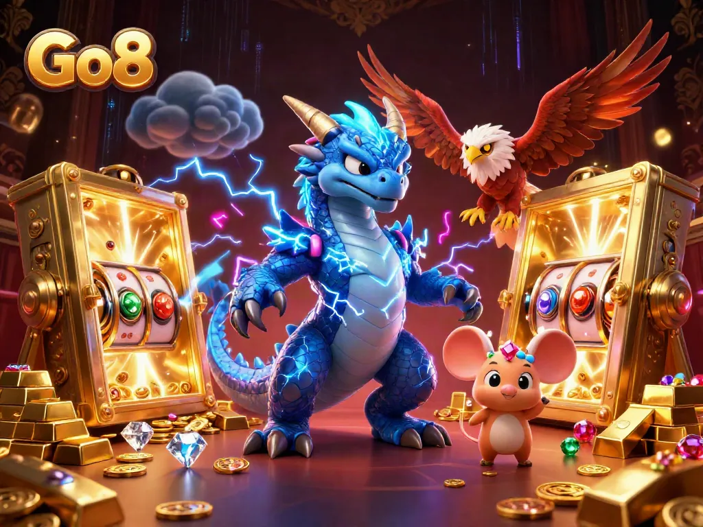 Engaging Go8 casino scene featuring a thunder dragon and a wind hawk surrounded by treasures.
