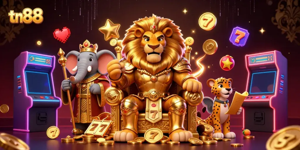 Experience thrilling gameplay at tn88 with a fierce lion king surrounded by vibrant casino elements.