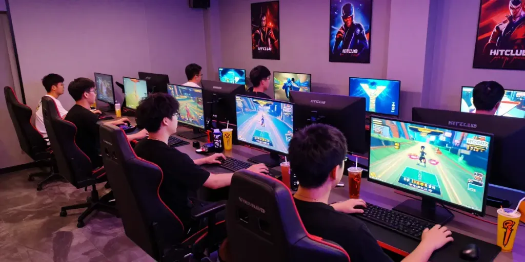 Engaged gamers enjoying HITCLUB online games in a vibrant lounge setting.