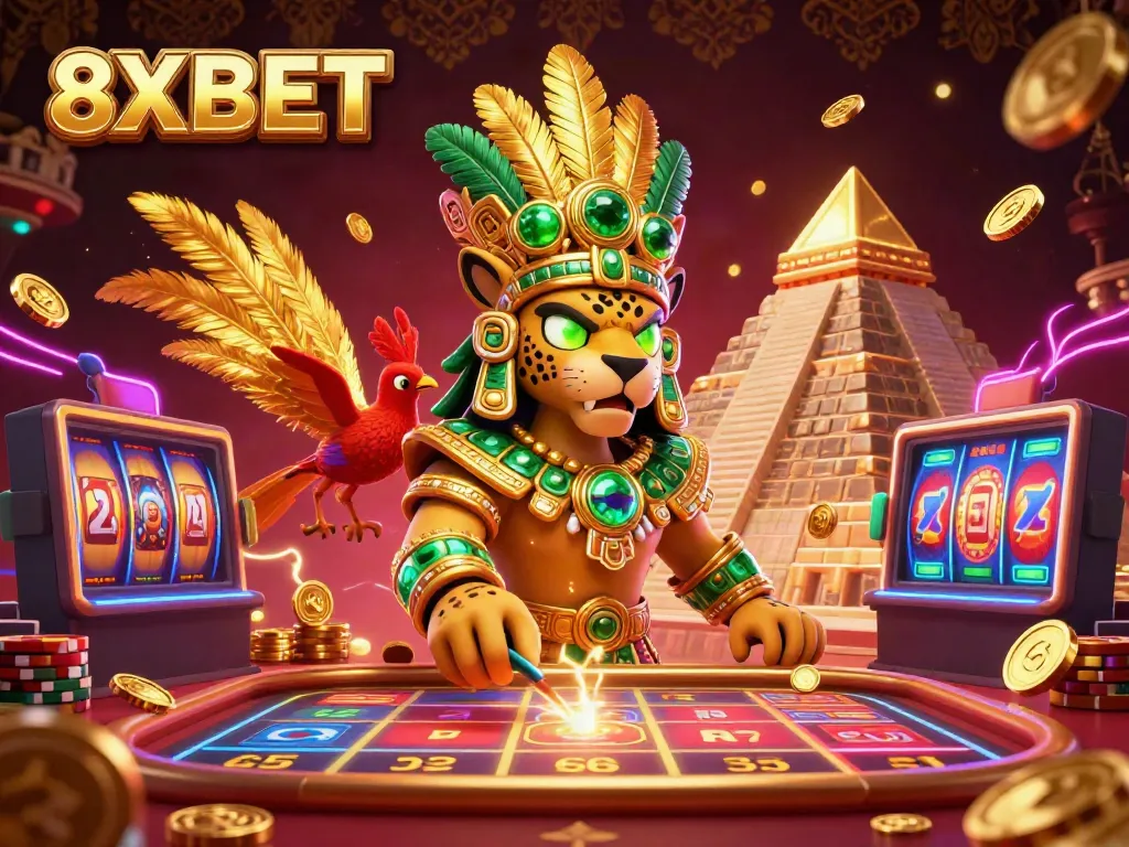 8XBET leads the excitement with vibrant casino elements featuring a Mayan jaguar priest and rich gaming symbols.