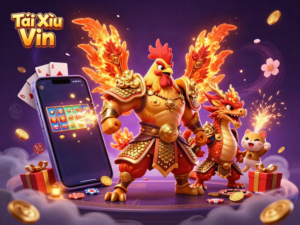 Experience thrills with Tài Xỉu Vin, featuring dynamic casino characters and actions in an engaging illustration.
