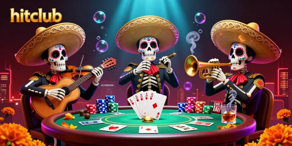 Join the hitclub poker celebration with a lively mariachi band and casino elements.