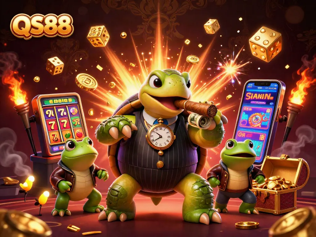 QS88 slots scene featuring a cartoon turtle mobster and bullfrog enforcers celebrating a jackpot