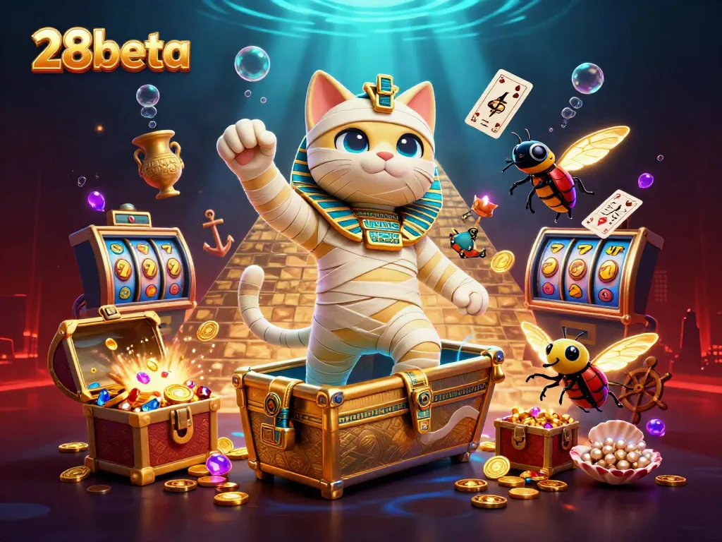 Experience the vibrant desert-themed online casino scene with 28beta featuring Egyptian characters and slot elements.