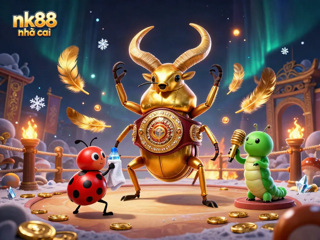 Engage with nk88 nhà cái in a vibrant 3D illustration featuring a golden stag beetle and dynamic casino elements, enhancing the gambling experience.