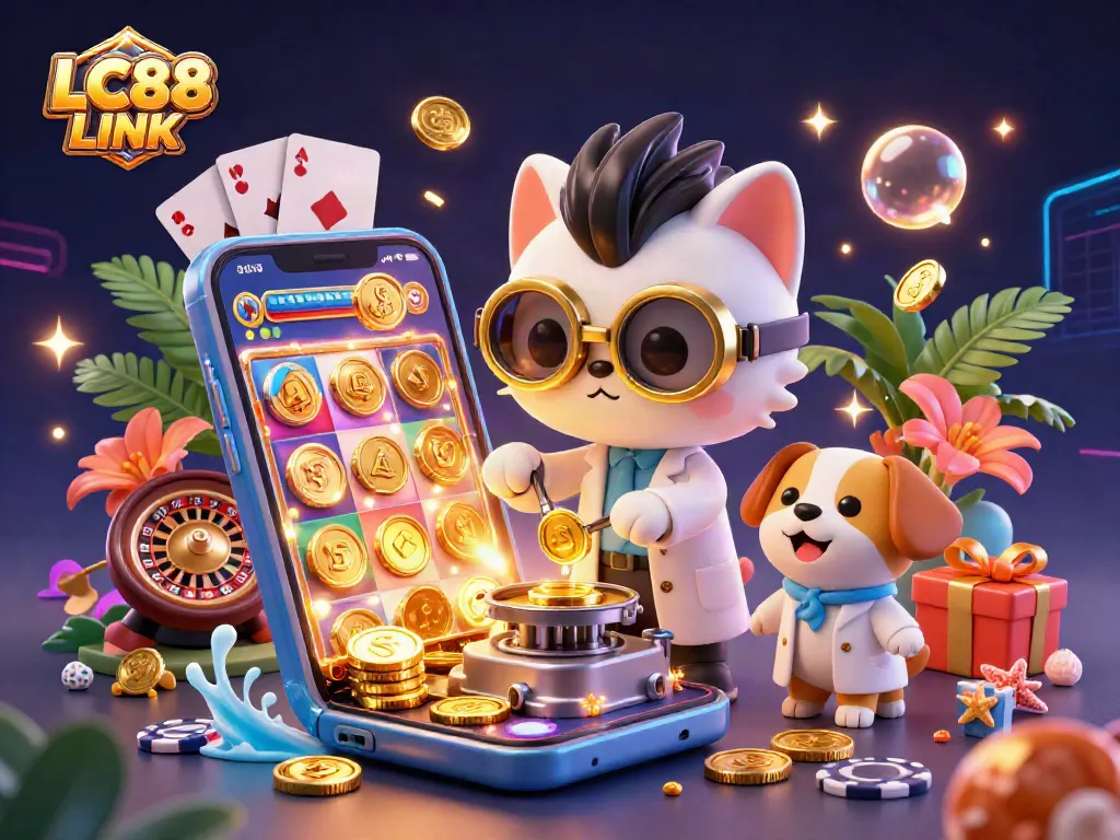 Join the fun with LC88 LINK as a scientist cat and dog create a gold-coin machine in a lively casino scene.