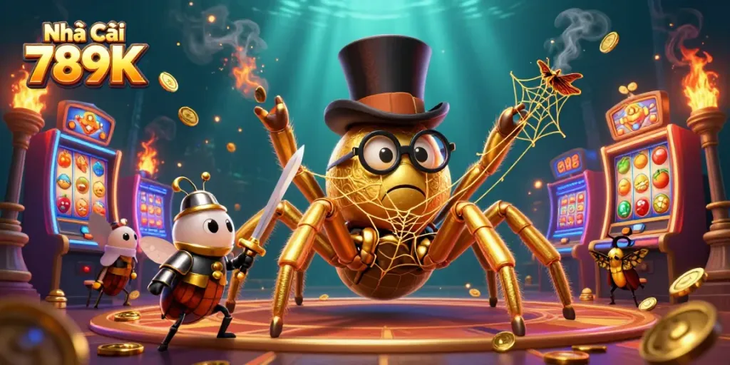 Play exciting slots at Nhà Cái 789K with a giant spider and brave beetle in a vibrant casino scene.