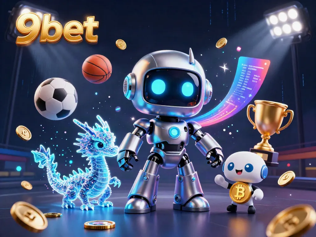 Experience the thrilling energy of 9bet with a vibrant 3D illustration featuring a cyberpunk robot and sports elements.