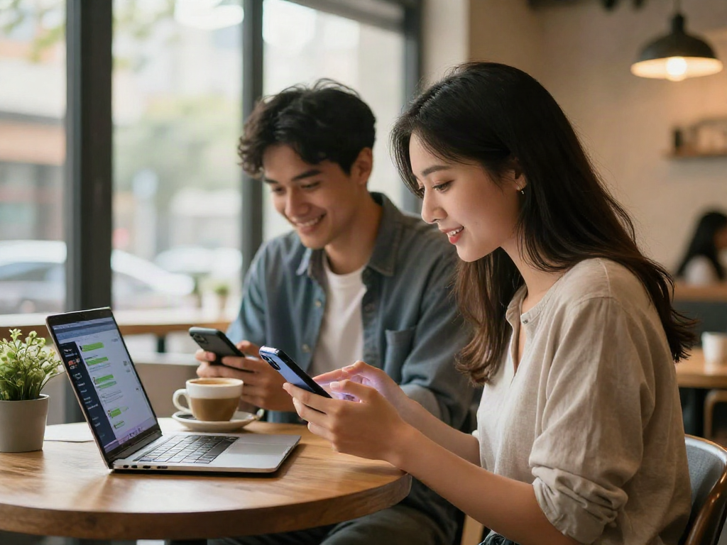 Two friends engaged in an nsfw chat at a coffee shop, showcasing modern digital communication and connection.