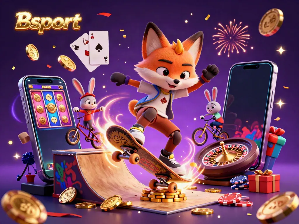 Experience thrilling gaming with Bsport as the skateboarder fox and BMX rabbit showcase their skills amidst vibrant casino elements.