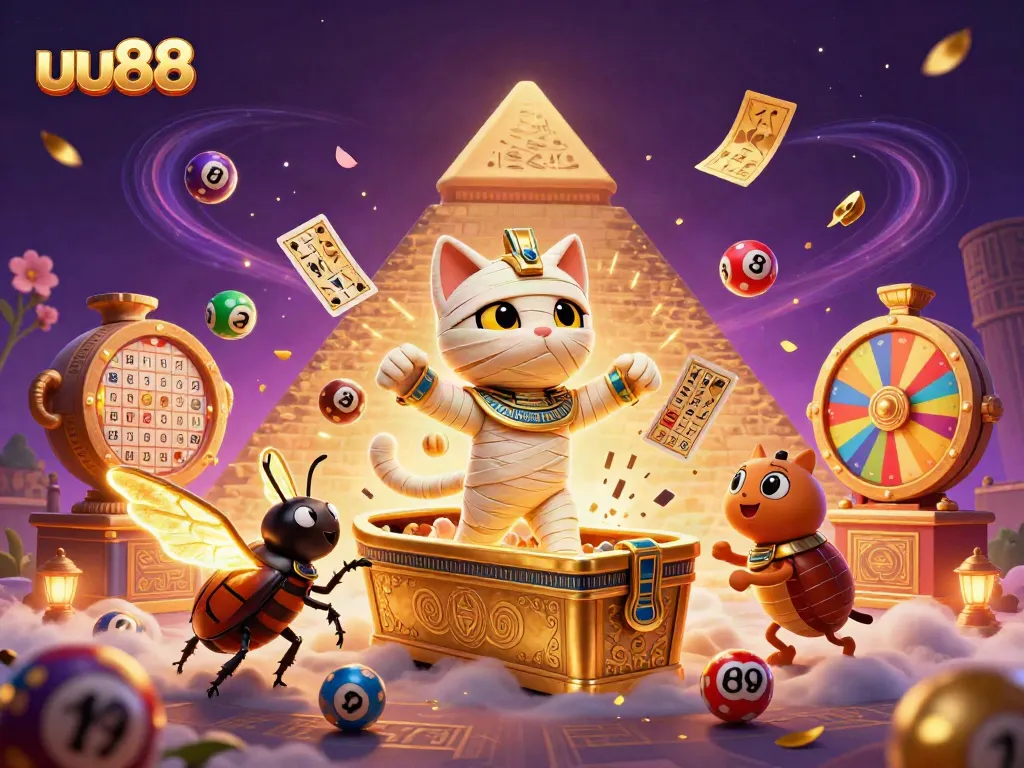 Join the exciting world of uu88 with a vibrant 3D casino scene featuring a mummy cat and scarab beetle.