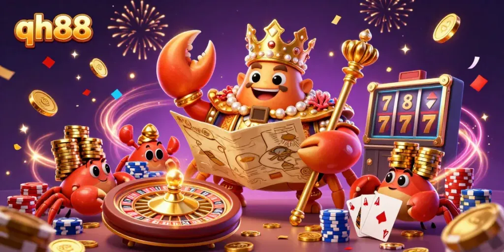 Experience thrilling gaming at qh88 with a massive golden crab emperor and dynamic casino elements in an exciting atmosphere.