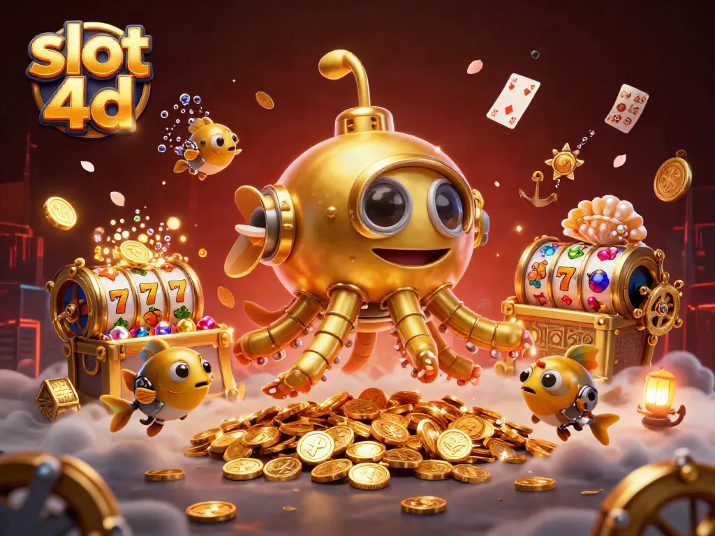 Gambarkan slot 4d dalam ilustrasi 3D dengan karakter kraken dan slot yang penuh emas.