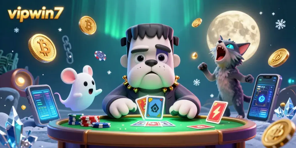 Join the action at vipwin7, where the cartoon Frankenstein bulldog deals cards amidst crypto elements in a vibrant scene.