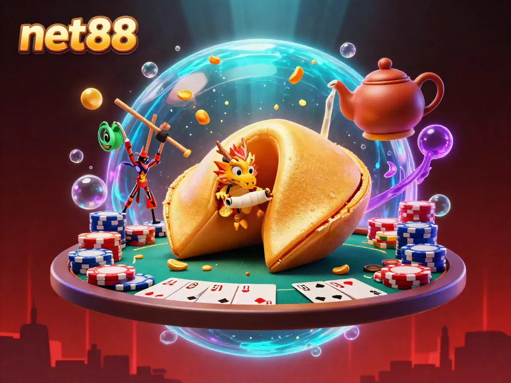 Experience thrilling gameplay at net88 with a vibrant casino scene featuring dragons, fortune cookies, and poker elements.
