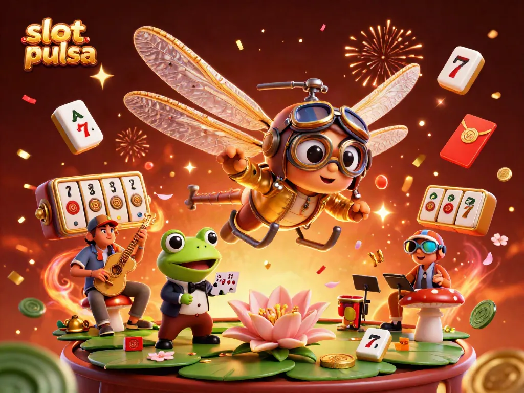 Enjoy exciting slot pulsa gameplay in a vibrant casino scene with dynamic characters and festive decorations.