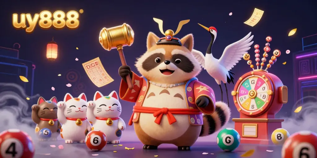 Engage with uy888's lively casino scene featuring a lucky tanuki and colorful lottery elements.