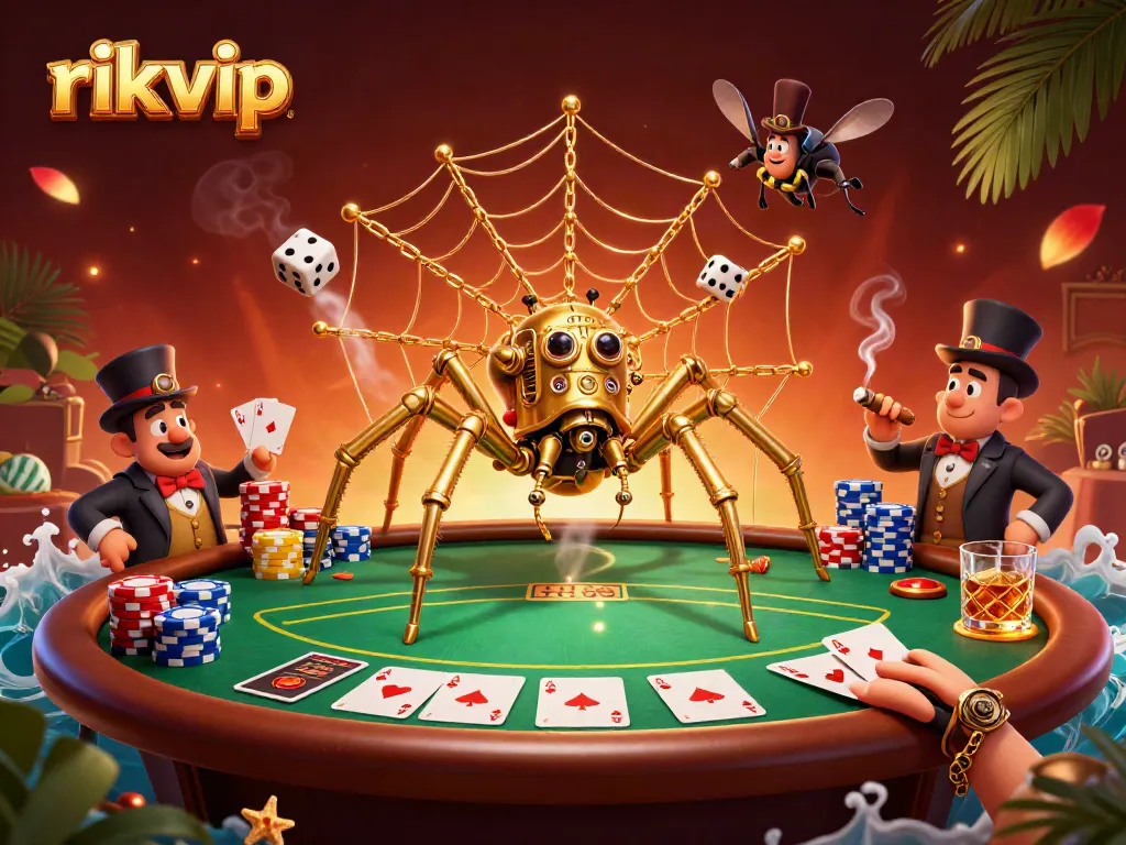 Engage with vibrant rikvip games at a steampunk casino, featuring golden spider and poker action.