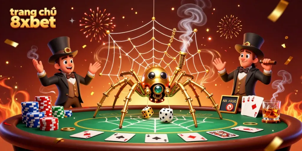 Catch exciting moments on trang chủ 8xbet with a dynamic 3D casino illustration filled with vibrant game elements.