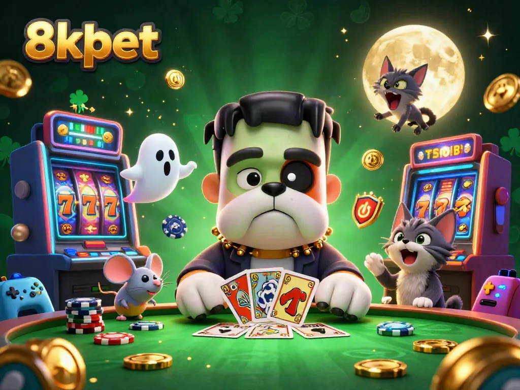 Engage in thrilling gameplay action with 8xbet at a spooky casino table featuring unique characters.