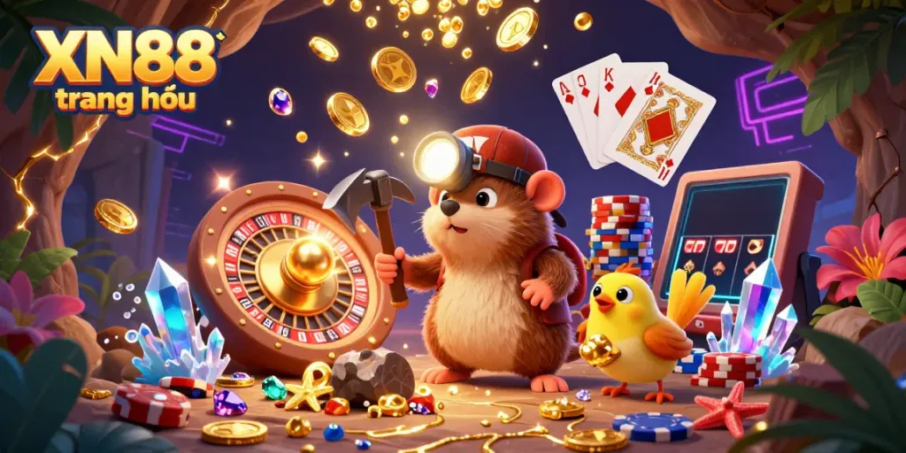 Play and win with XN88 trang chủ in this vibrant 3D casino scene featuring treasure and excitement.