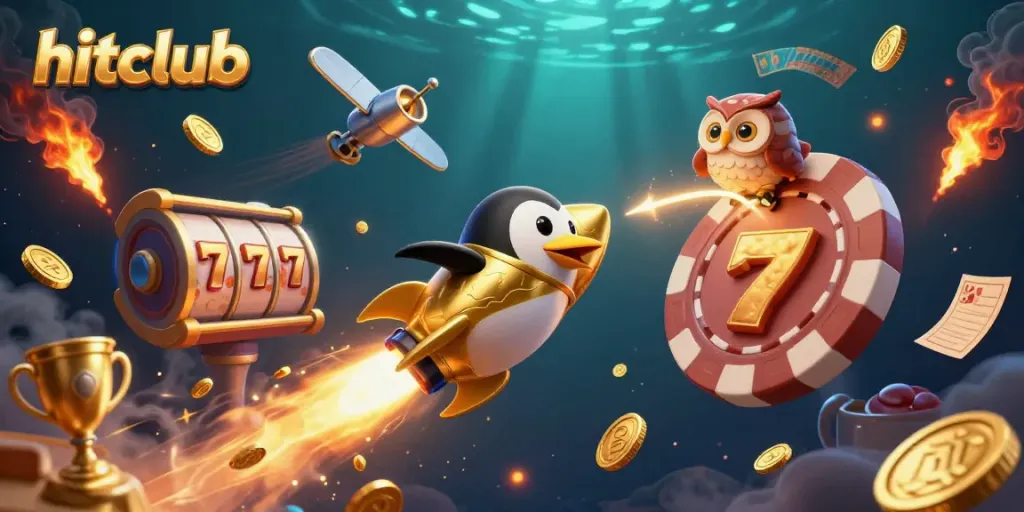 Experience the thrill of hitclub with our dynamic 3D illustration of a golden penguin and casino elements.