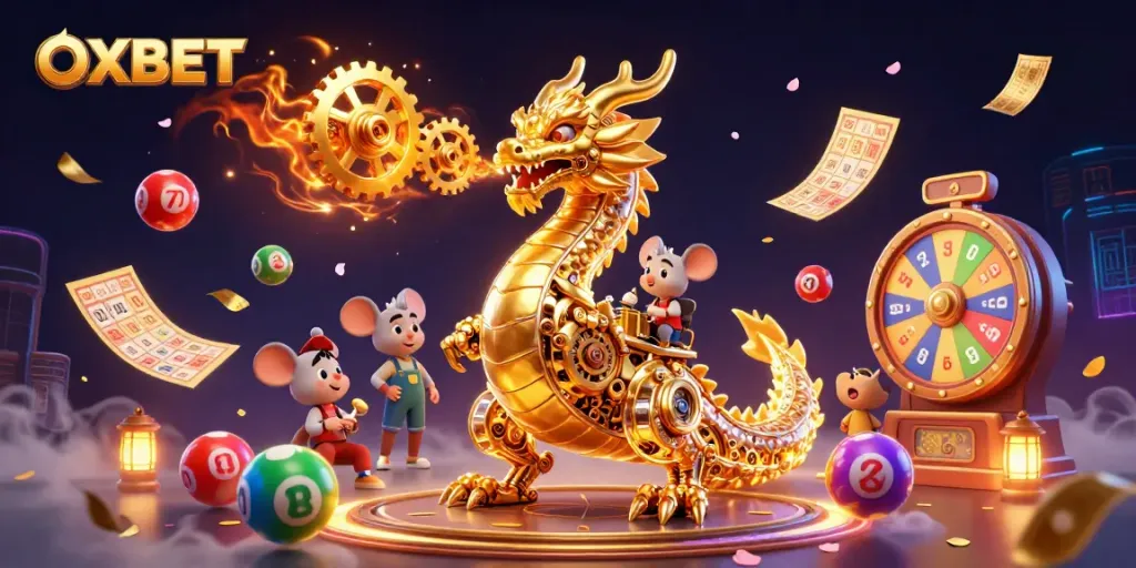 Experience OXBET's dynamic casino with vibrant lottery elements and a mechanical dragon