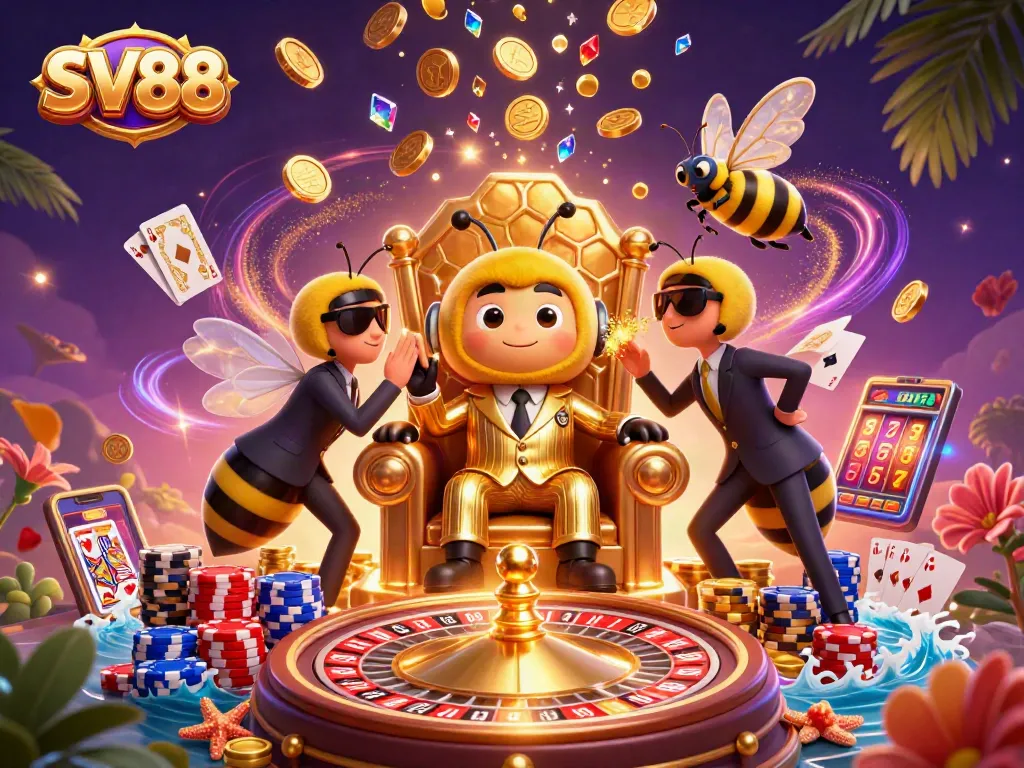 Engage in thrilling games at SV88, featuring a bumblebee mob boss in a vibrant casino scene filled with action.