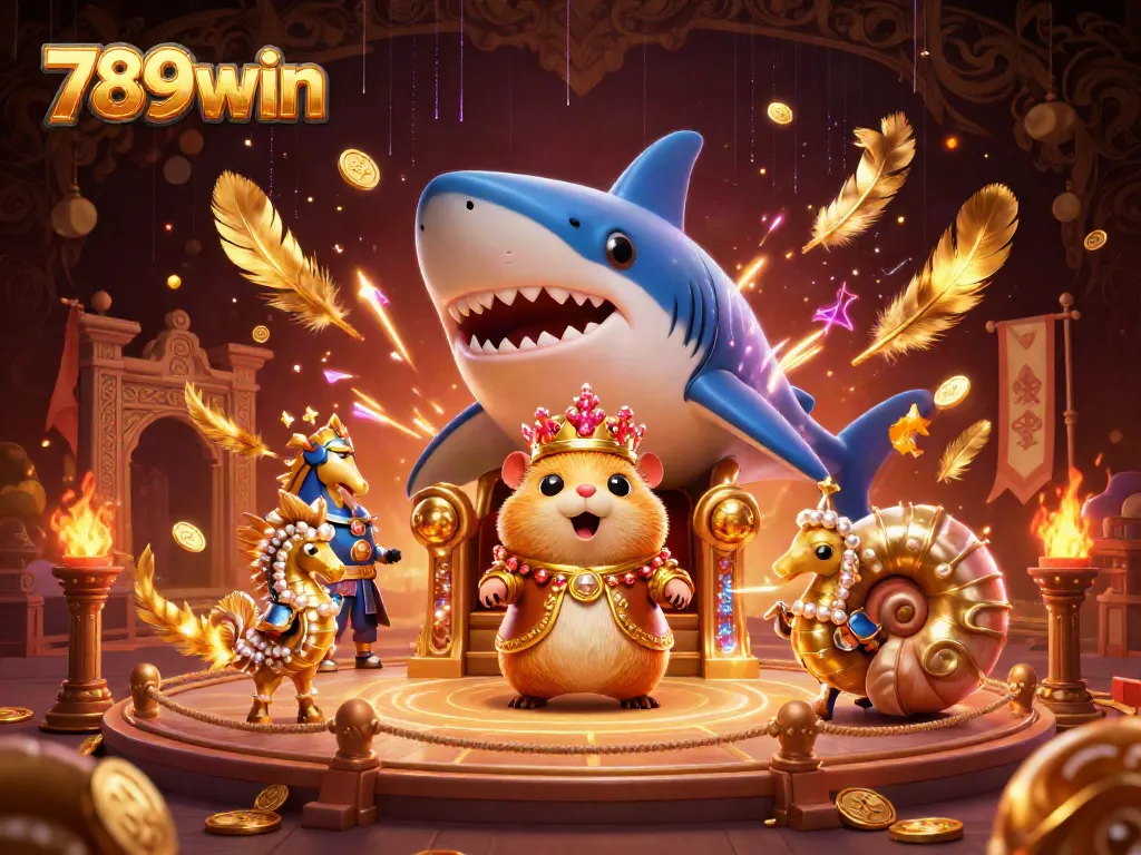 Engage with the dynamic 789win casino scene featuring a golden hamster king and royal guards.