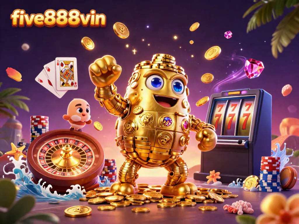 Experience the thrill of gaming at five888vin with a dynamic 3D scene filled with vibrant casino elements.