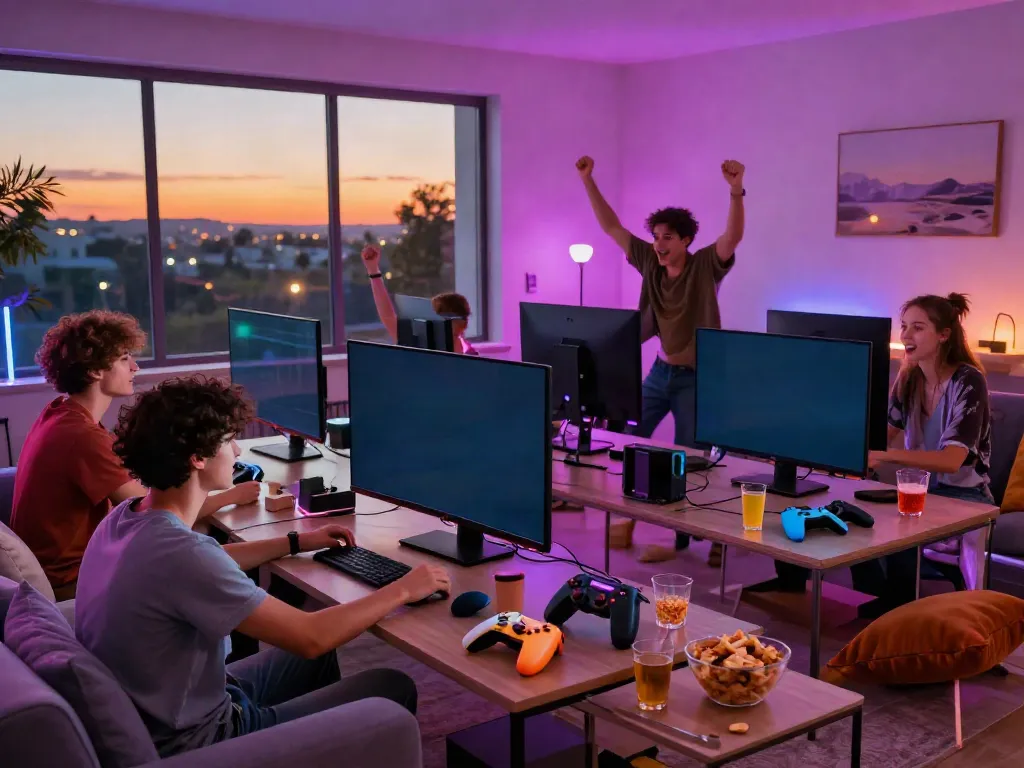 A group of friends enjoying a lively gaming session on kilat404 with colorful consoles and ambient lighting.