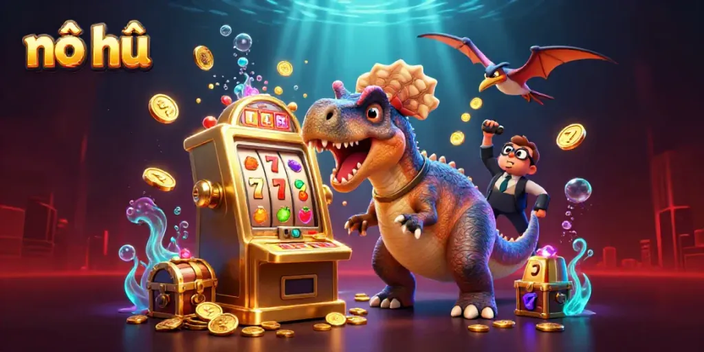 Nổ hũ illustration with Jurassic cartoon characters celebrating jackpot wins at a lively casino scene