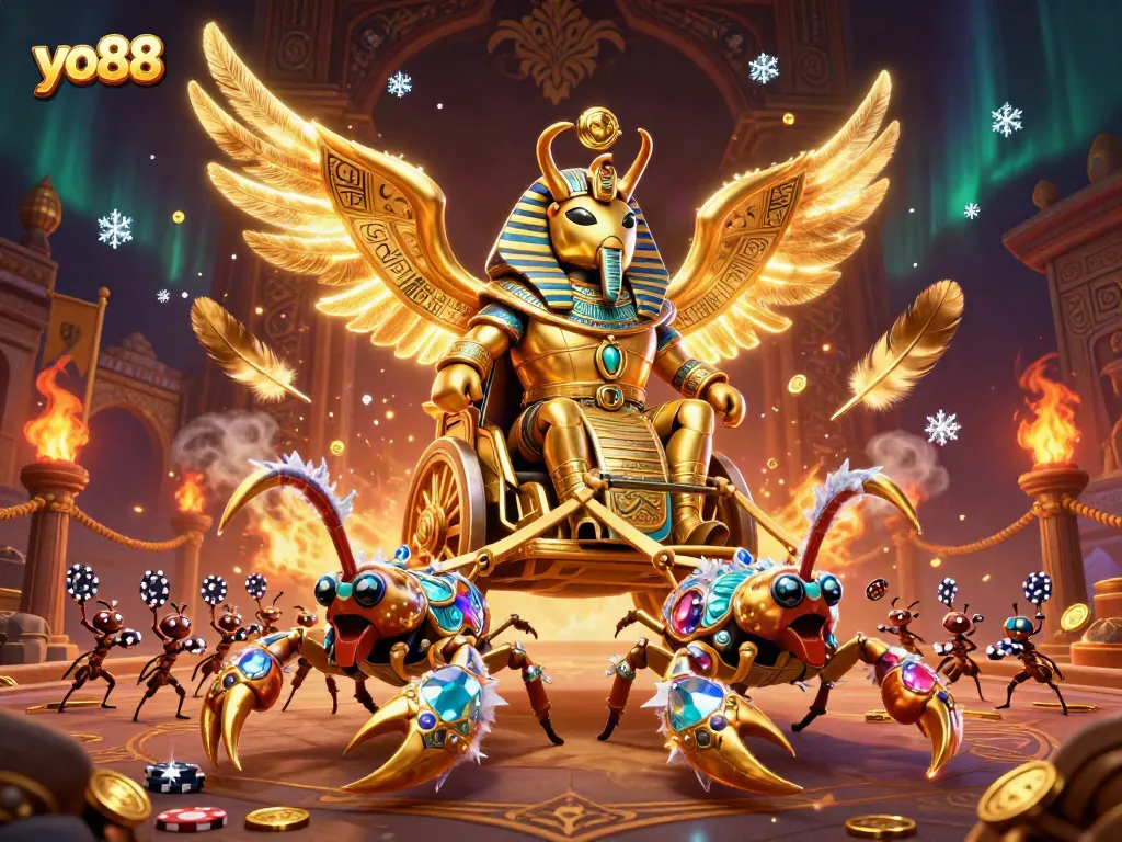 Engage with yo88's vibrant casino adventure featuring a colossal scarab beetle in a thrilling 3D scene.