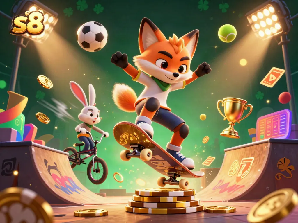Experience the excitement of s8 with a vibrant 3D scene showcasing animated casino characters and dynamic game elements.