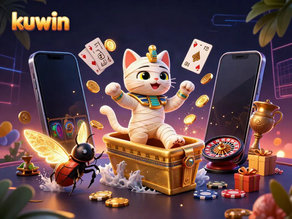 Spin and win with kuwin's vibrant 3D casino scene featuring captivating games and Egyptian motifs.