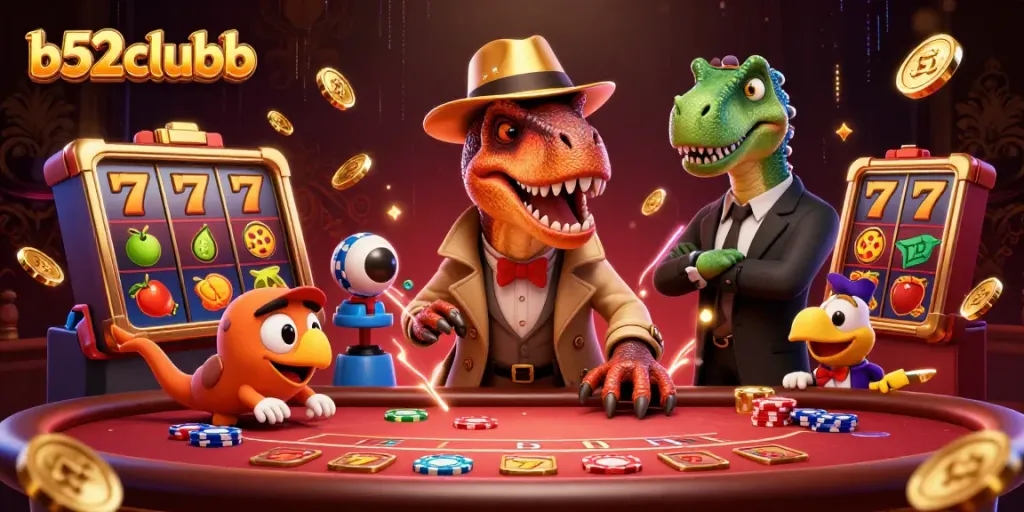 Engage with b52clubb at a dynamic blackjack table with cartoon dinosaur characters and casino elements.