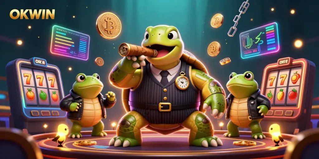 Engage with OKWIN's thrilling slot experience featuring a unique snapping turtle casino scene.