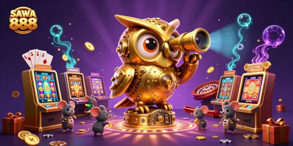 Engage in thrilling games at SAWA 888 with vibrant slots, golden coins, and dynamic casino action.