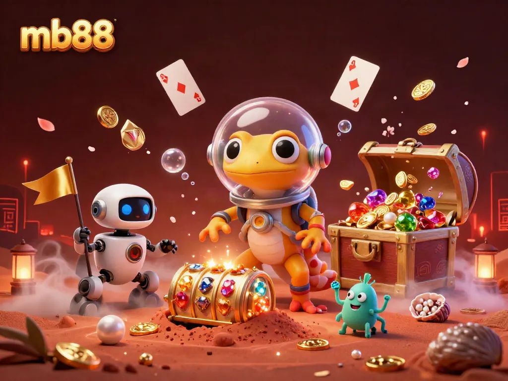 Experience excitement at mb88 with a Martian gecko discovering a golden casino and vibrant slot reels.