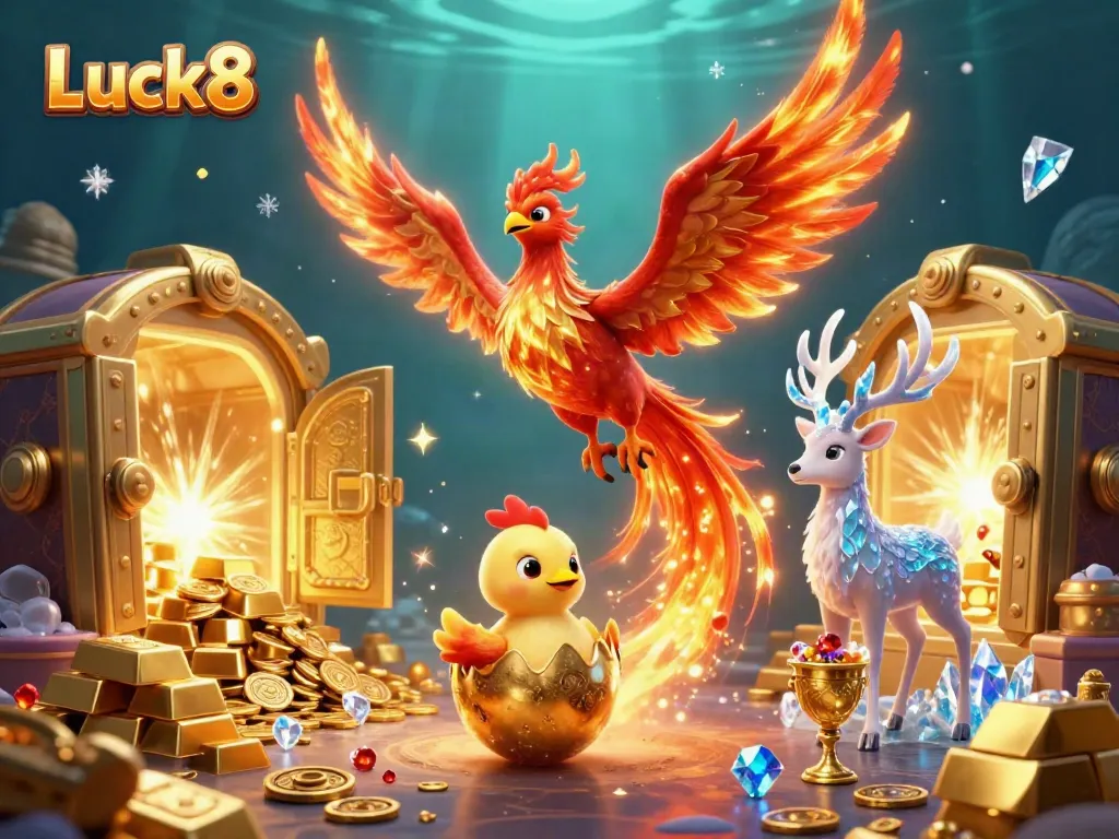 Luck8 showcases an exciting online casino atmosphere with dynamic phoenix characters and treasures, capturing the thrill of gambling.