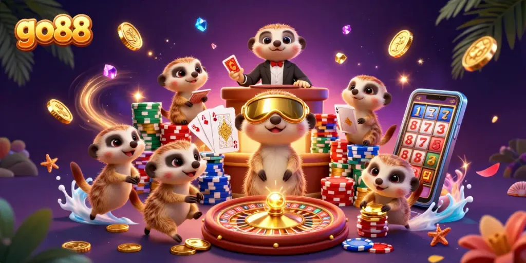 Engage with go88's vibrant casino scene featuring dynamic meerkats amid gold and gems.