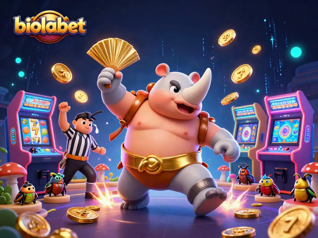 Engage with biolabet's dynamic gaming world featuring a sumo champion beetle in a lively casino scene.
