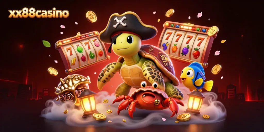 Experience vibrant gameplay at xx88casino with a lively illustration featuring pirate-themed characters amidst a bounty of slot symbols.